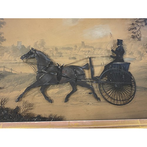 71 - A 19th century painted silhouette, depicting a man in a pony and trap before a landscape scene, in r... 