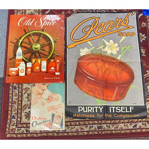 163 - A vintage Pears soap poster (folded), together with an Old Spice poster and a similar Ovaltine (3) -