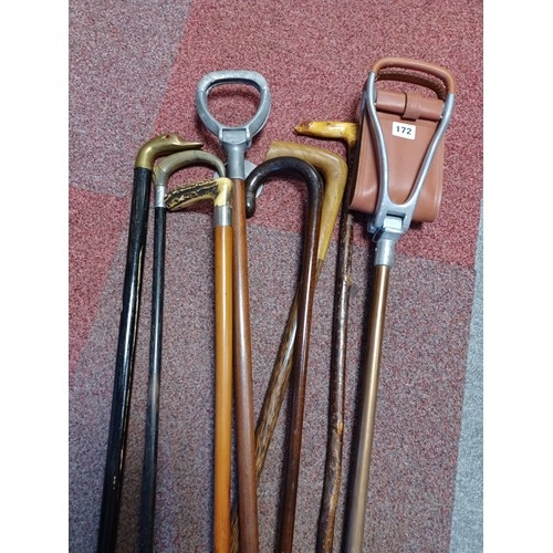 172 - A selection of six walking sticks, together with two shooting sticks -