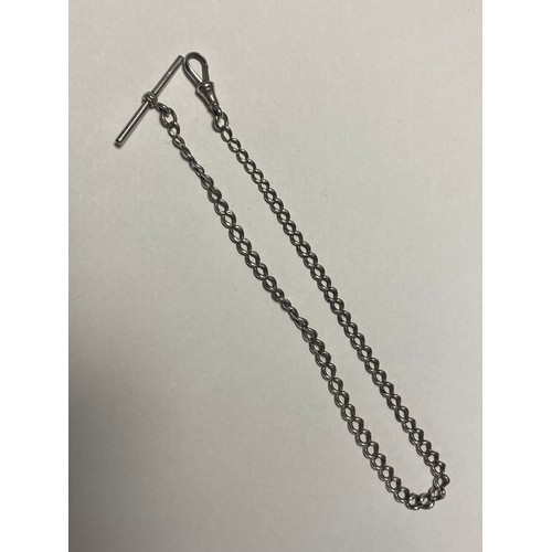 19 - A silver watch chain, composed of graduated curb links, with 'T' bar and dog clip -