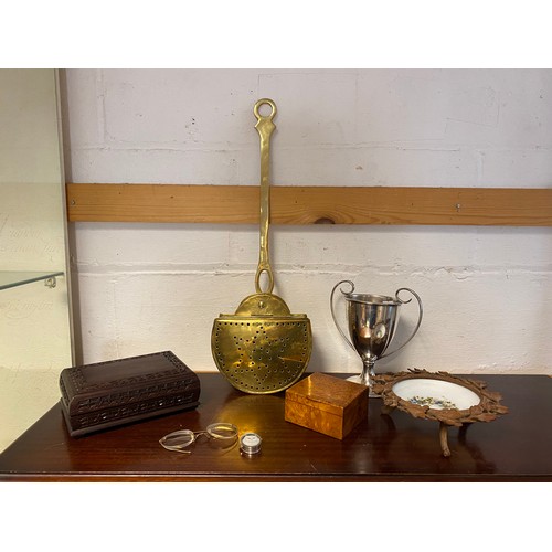 237 - A mixed lot, to include brass chestnut pan, plated trophy cup, boxes etc -