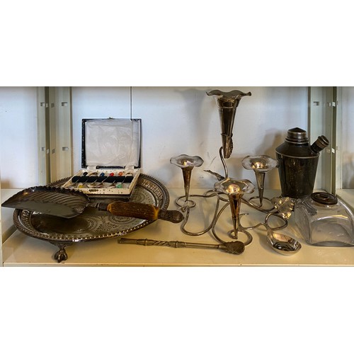 27 - A silver plated epergne, together with a plated cocktail shaker, inkwell etc -