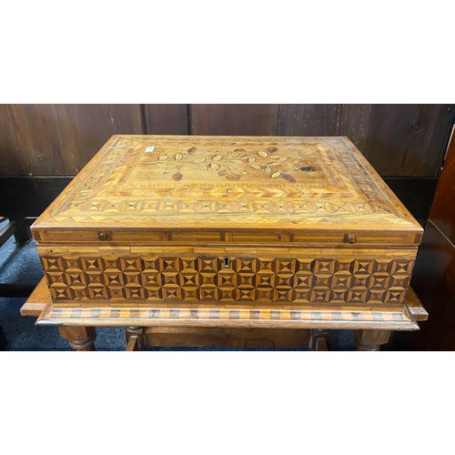 96 - A 19th century Tunbridge style box, worked with foliate decoration to top in geometric border, to as... 