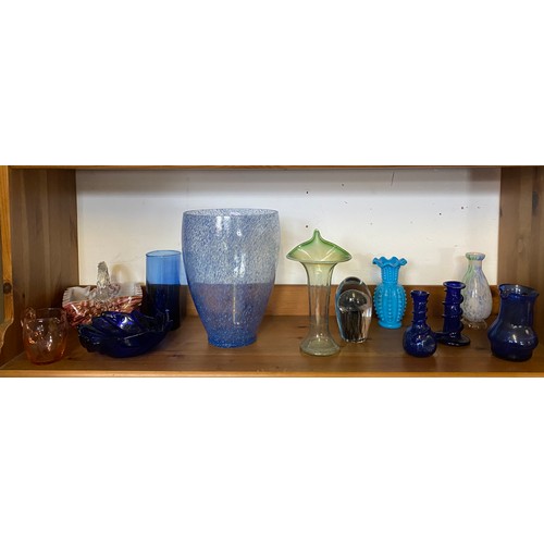 136 - A large blue glass vase, a Jack-in-the-pulpit vase and other glassware -