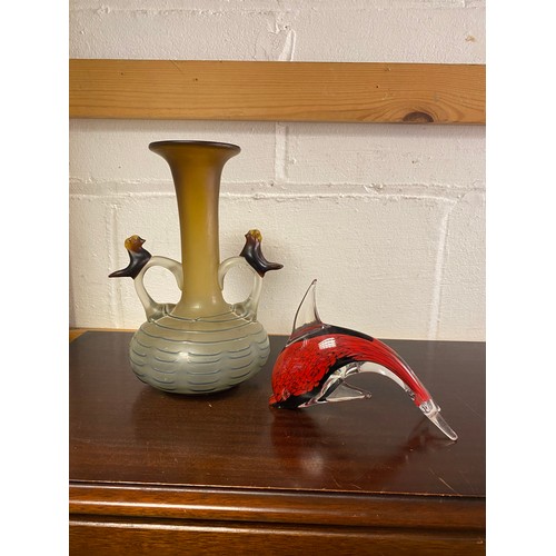 137 - A Murano glass dolphin, signed, together with a continental glass vase (2) -