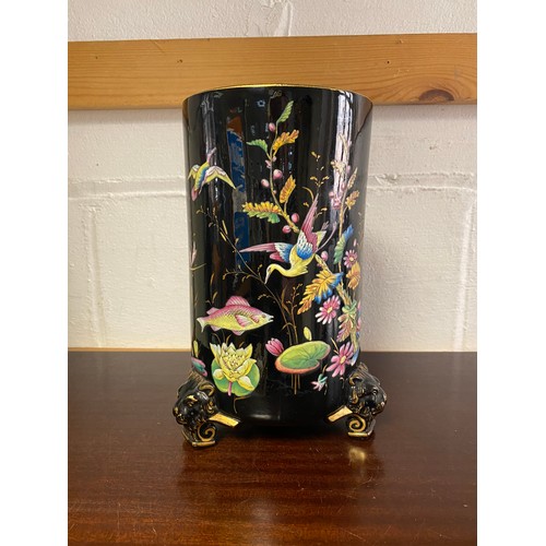 139 - A late 19th/early 20th Aesthetic style vase, enamelled with birds, fish and shells on a black ground... 