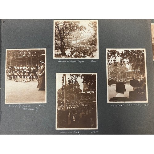 227 - An early 20th century photographic album, with hand annotated pages, including Westminster, 1911 Cor... 