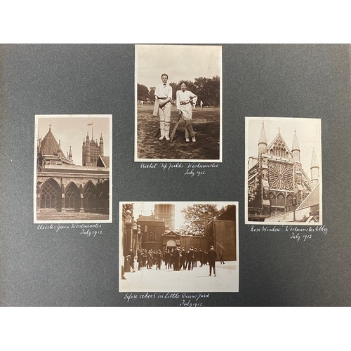 227 - An early 20th century photographic album, with hand annotated pages, including Westminster, 1911 Cor... 