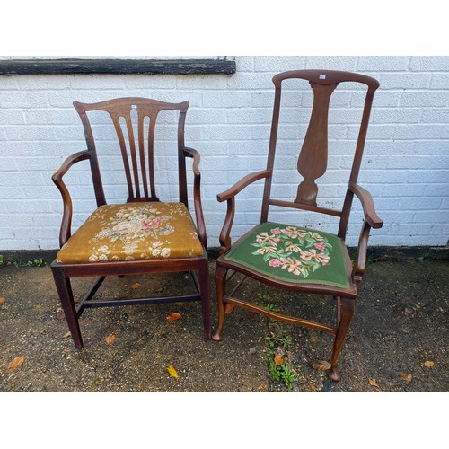 393 - A 19th century mahogany hall chair, with 'C' scroll detail and solid seat, together with another 19t... 