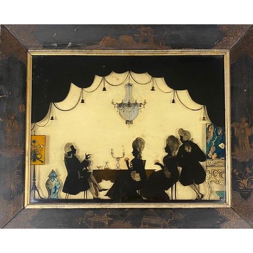 145 - A 19th century painted silhouette on glass, depicting a Georgian figural scene, in chinoiserie style... 