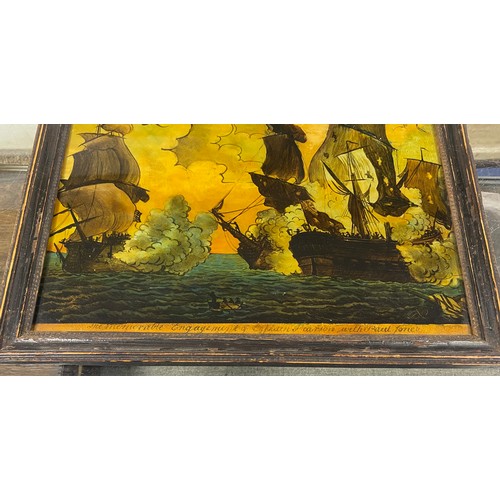 183 - A 19th century reverse painting on glass, depicting a naval battle scene -