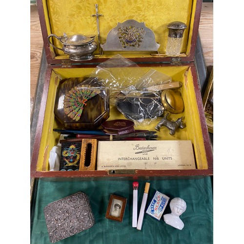 262 - A 19th Century jewellery box and assorted contents, to include a small silver sword, Mauchlineware, ... 