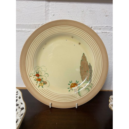 158 - A Clarice Cliff plate, together with a Dresden planter and Coalport plate -