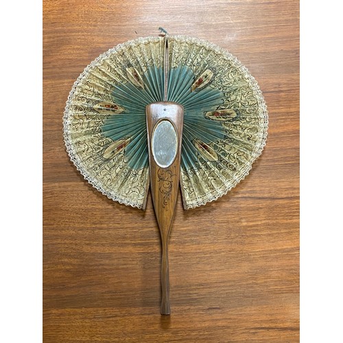 296 - An Italian Sorrento ware fan, with mirror inset, together with a carved figure, bowl etc -