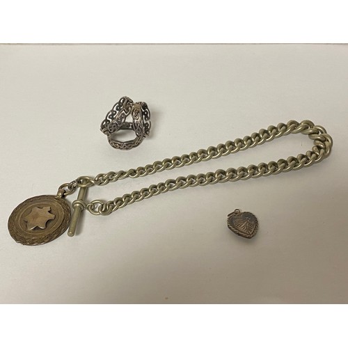 52 - A silver graduated watch chain, suspending a 'T' bar and fob, together with a locket and a scarf rin... 