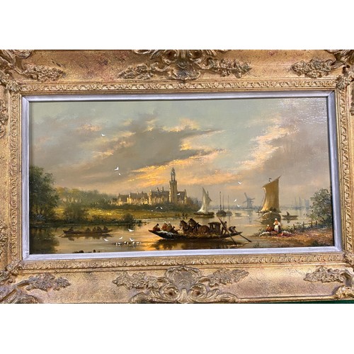 215 - A pair of unsigned Dutch style river scenes, oil on board, framed -