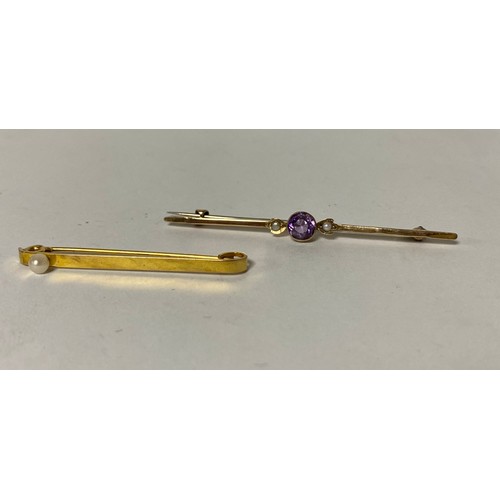 17 - A 9ct gold pearl set bar brooch and another set with an amethyst -