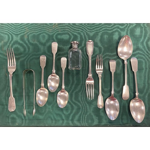 34 - A small quantity of Georgian and later silver flatware, various dates and makers, a silver mounted b... 