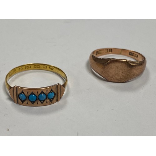 91 - A 22ct gold band applied with a turquoise set panel and a 9ct gold signet ring (2) -