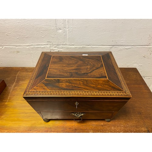 50 - A 19th century inlaid rosewood work box, with fitted base drawer -