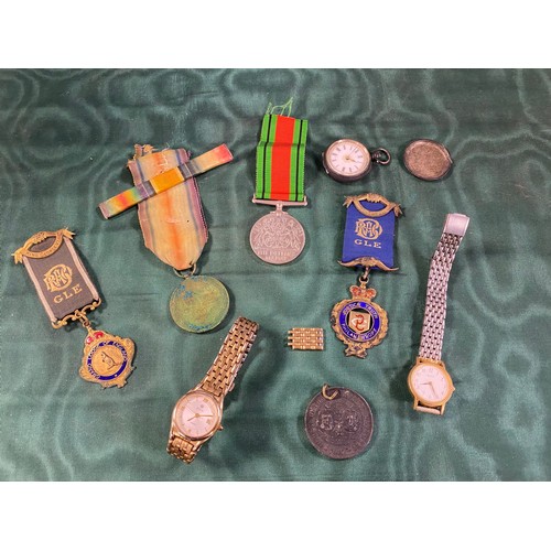 178 - Medals: a WWI Great War medal, together with two RAOB medals, a WW2 Defence medal, watches etc -