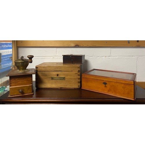 271 - A stripped pine writing box and other boxes, coffee grinder etc -