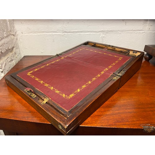 52 - A 19th century writing slope, with mother-of-pearl inlay, red inset slope and original bottles -