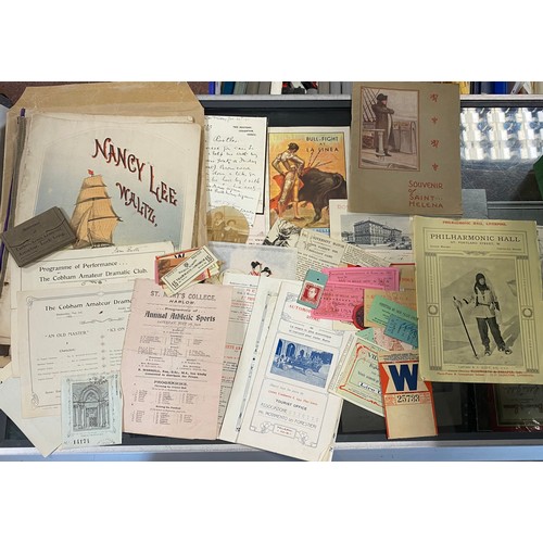 275 - Ephemera: an interesting collection of ephemera, including sporting and theatrical, dance cards, men... 