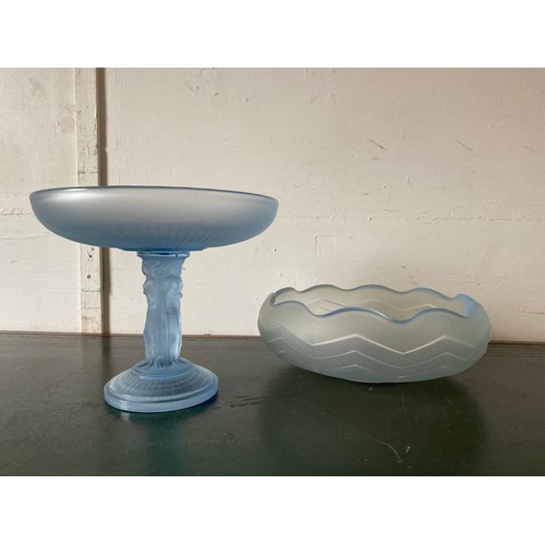 118 - An Art Deco Lalique style blue glass pedestal bowl, with figural support and another bowl (2) -