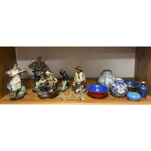 168 - A group of Chinese 'mudmen' figures, cinnabar lacquer style bowl, cloisonné, ginger jar etc -