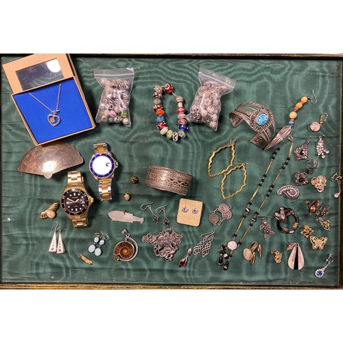 45 - A quantity of silver and costume jewellery, loose beads, Accurist and other wristwatches etc -