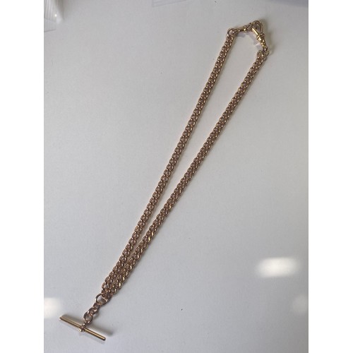 10 - A 9ct rose gold watch chain, with two dog clips and 'T' bar -