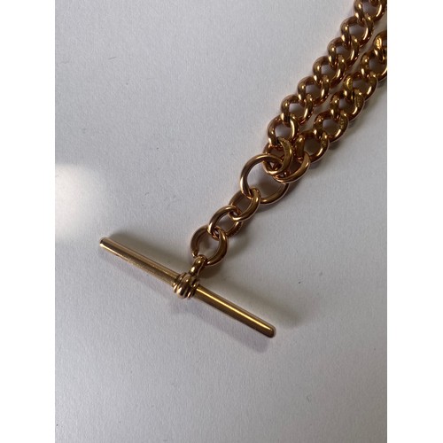 10 - A 9ct rose gold watch chain, with two dog clips and 'T' bar -