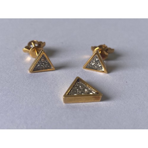 132 - A pair of 18ct gold and diamond earrings, triangular and set with a panel of diamonds, with matching... 