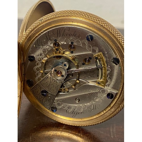 96 - A yellow metal Elgin National Watch Co pocket watch, the signed dial with Roman markers and subsidia... 