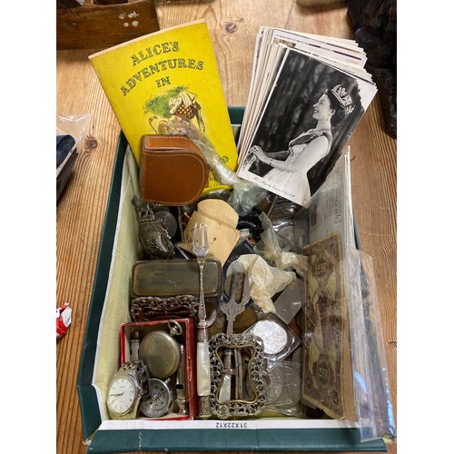 61 - A mixed lot of collectables, including coins, postcards, snuff box etc -