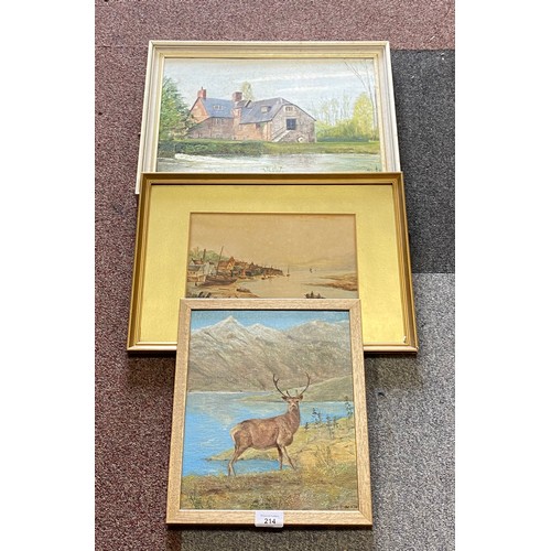 214 - A group of three paintings, comprising oil study of a stag by Lucie Roberts, a 1920s watercolour ini... 