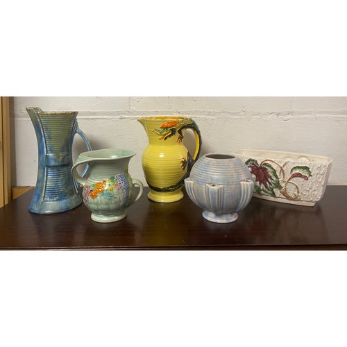 106 - A Burleighware dragon vase, on a yellow ground, together with other Art Deco ceramics -