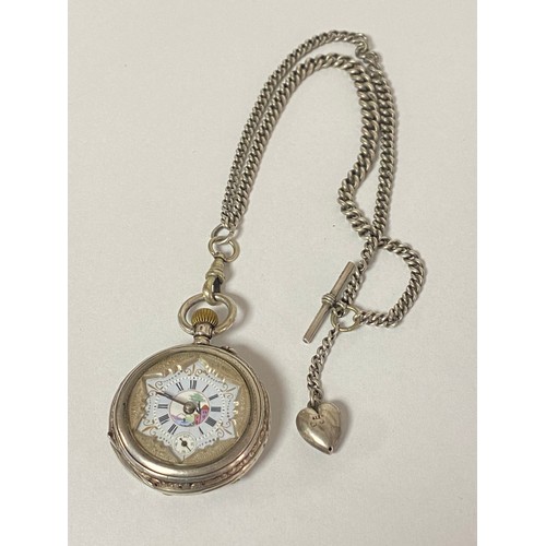 17 - A lady's 800 standard open face pocket watch, with enamelled detail to dial, with graduated double w... 