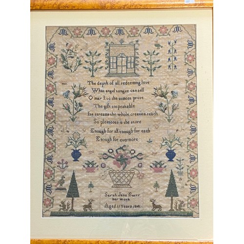 85 - A Victorian sampler, worked with birds, trees and animals around a central verse, worked by Sarah Ja... 