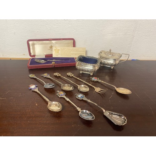1 - A group of silver items, various dates and makers, including a silver lidded mustard and matching sa... 