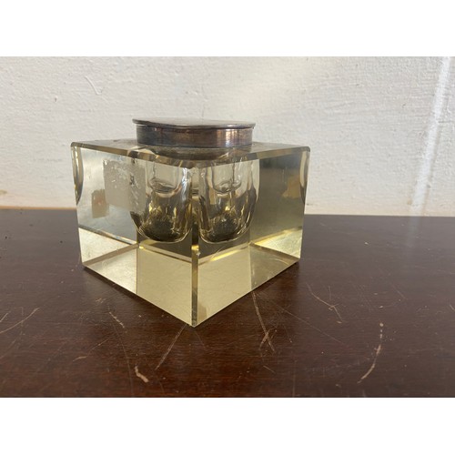 3 - An Edwardian glass inkwell, of cube design and with silver mounts, hallmarked Birmingham 1907 -