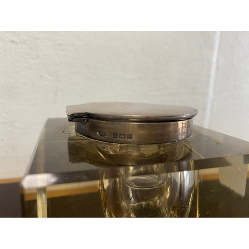 3 - An Edwardian glass inkwell, of cube design and with silver mounts, hallmarked Birmingham 1907 -