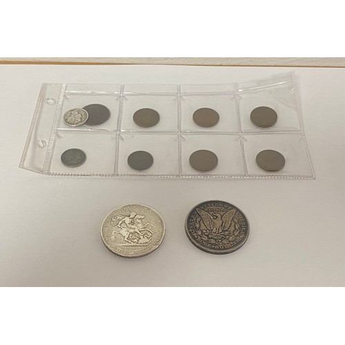 228 - Coins: an 1818 silver crown, an 1889 US dollar and other coinage -