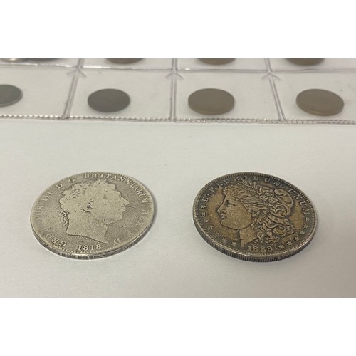 228 - Coins: an 1818 silver crown, an 1889 US dollar and other coinage -