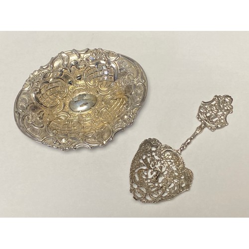 38 - A late Victorian silver spoon, Birmingham 1891 and a rococo style dish, stamped 925 -