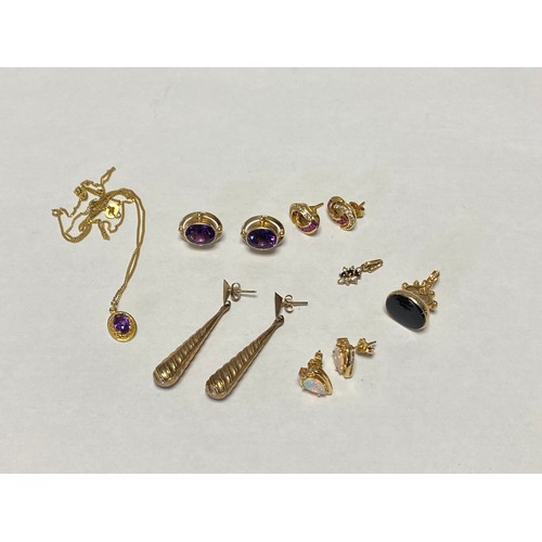 51 - A pair of 18ct gold, ruby and diamond earrings, together with a pair of opal earrings, a pair of ame... 