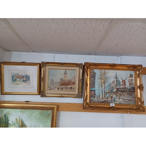 121 - A group of three pictures, comprising oil on canvas of the Moulin Rouge, oil on canvas of Big Ben an... 