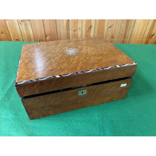 133 - A Victorian burrwood writing slope, with ebonised and mother-of-pearl banding and white metal escutc... 