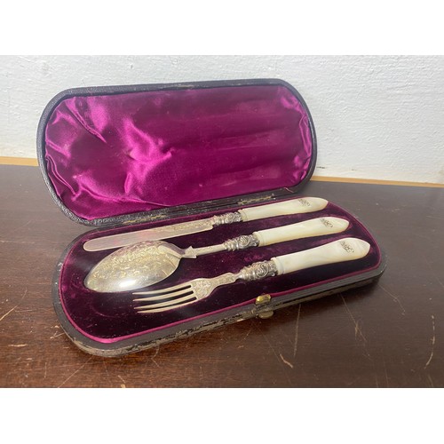 62 - A Victorian silver and mother-of-pearl christening/travel set, George Unite, Birmingham 1886, in fit... 